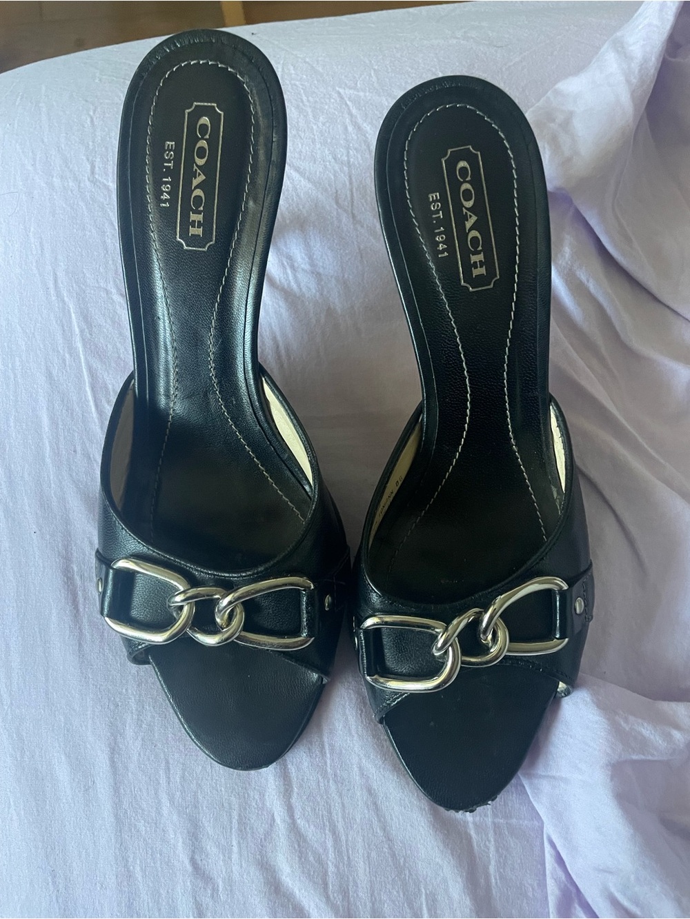 Coach Black Leather Open-Toe kitten Heels with Silver Chain Accent